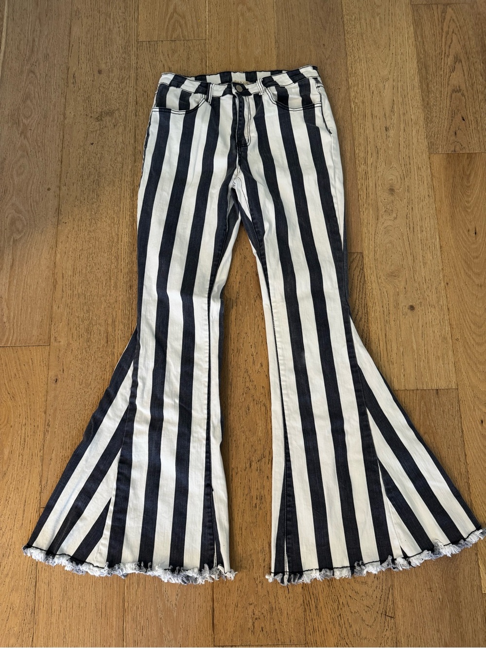 Altar'd State Black and White Vertical Stripe Flare Jeans